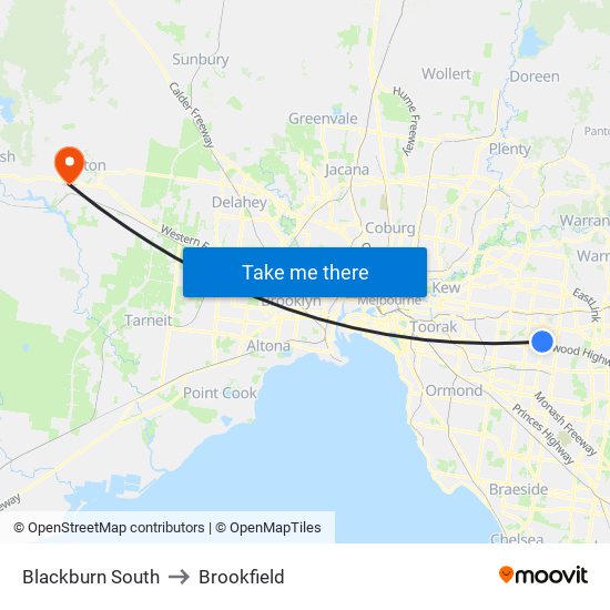 Blackburn South to Brookfield map