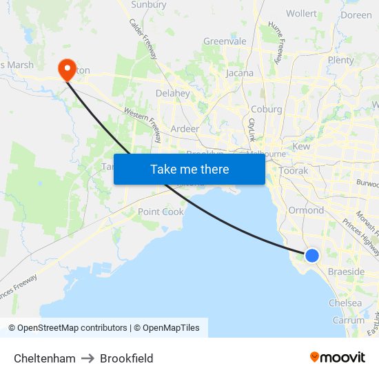 Cheltenham to Brookfield map