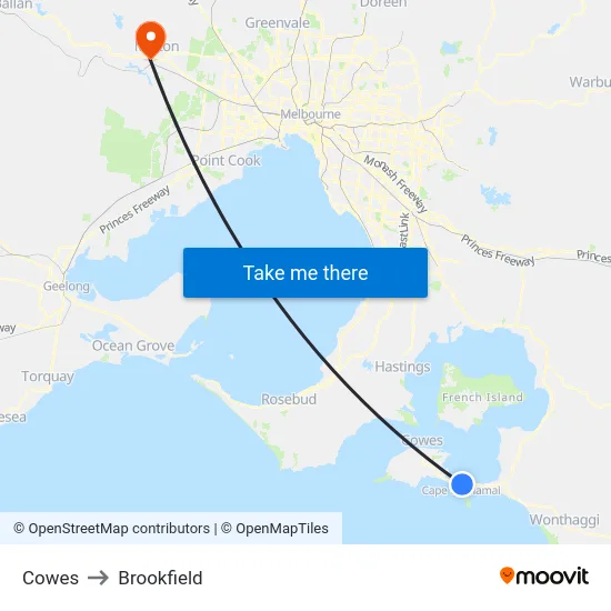 Cowes to Brookfield map