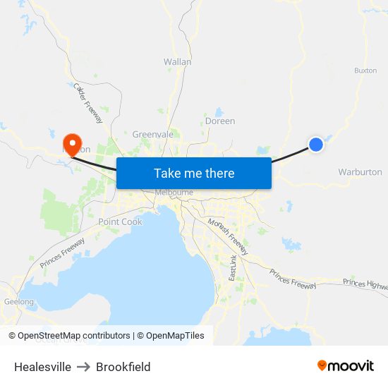 Healesville to Brookfield map