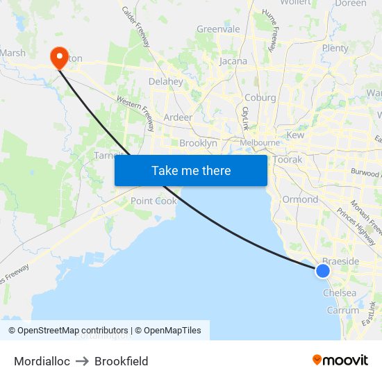 Mordialloc to Brookfield map