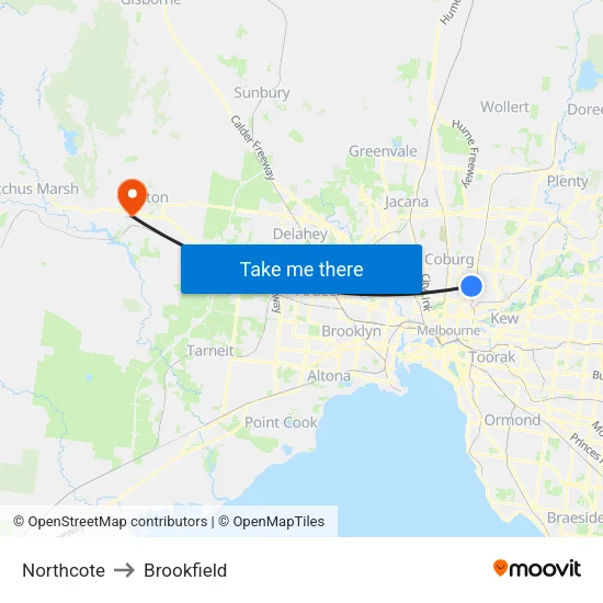 Northcote to Brookfield map