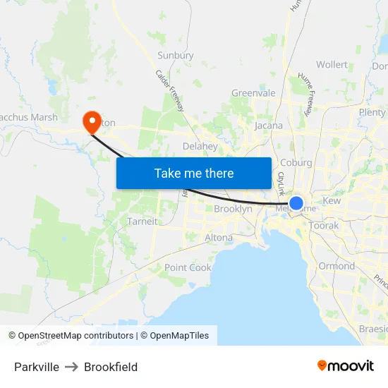 Parkville to Brookfield map