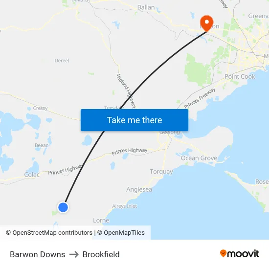 Barwon Downs to Brookfield map