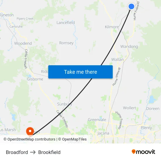 Broadford to Brookfield map