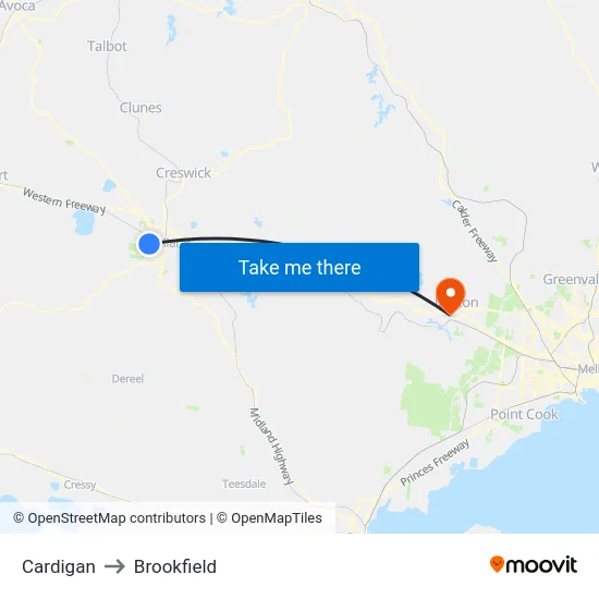 Cardigan to Brookfield map