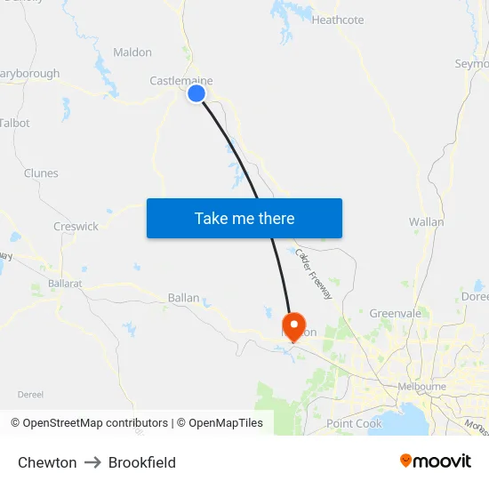 Chewton to Brookfield map