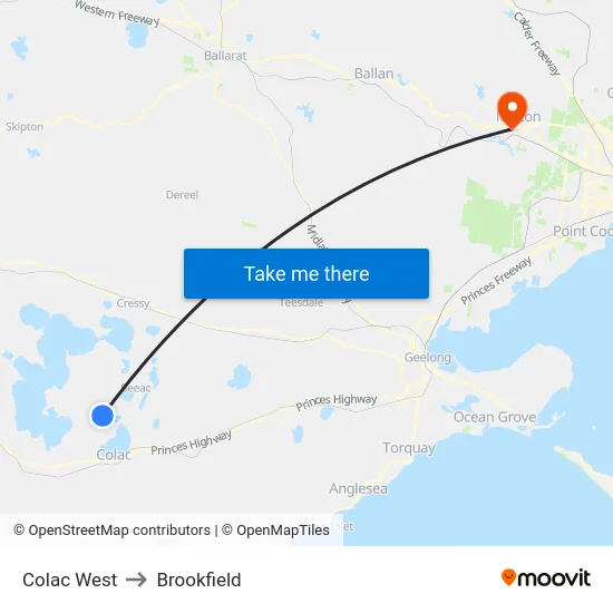 Colac West to Brookfield map