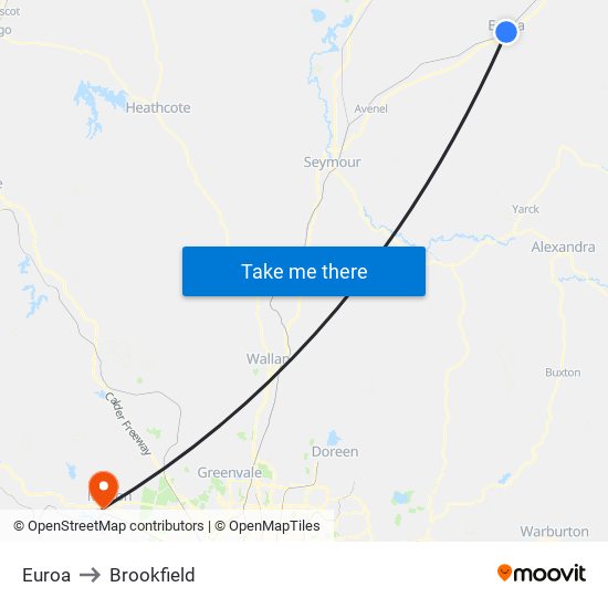 Euroa to Brookfield map