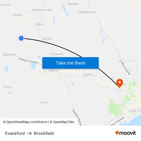 Evansford to Brookfield map