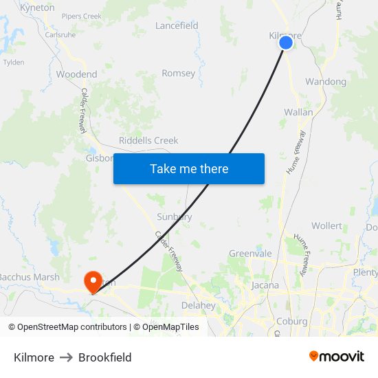 Kilmore to Brookfield map