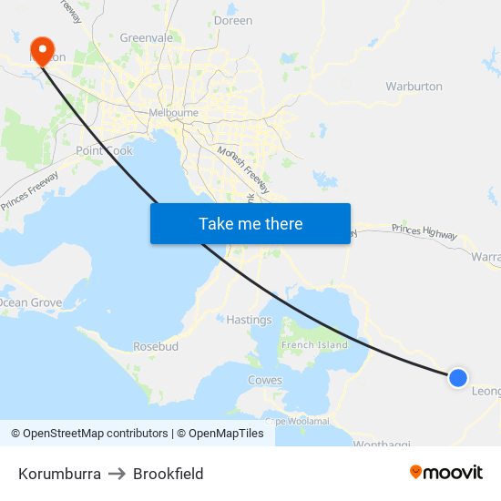 Korumburra to Brookfield map