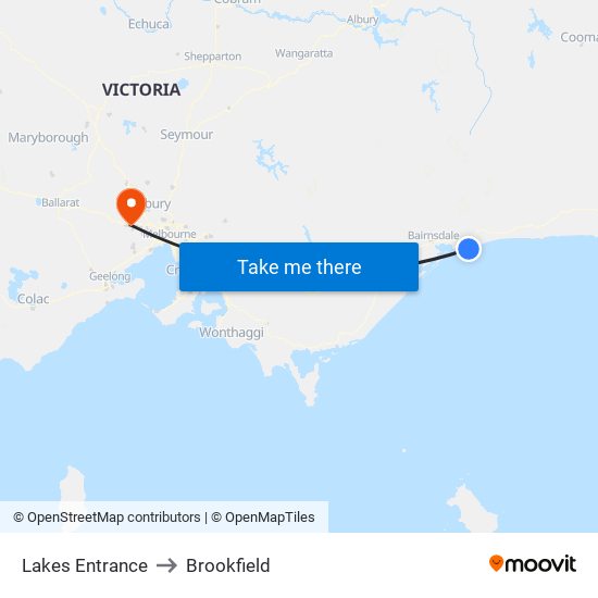 Lakes Entrance to Brookfield map