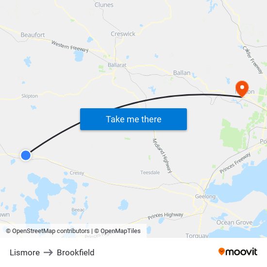 Lismore to Brookfield map