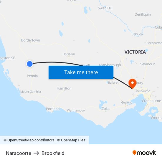 Naracoorte to Brookfield map