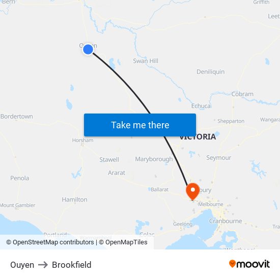 Ouyen to Brookfield map