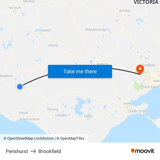 Penshurst to Brookfield map