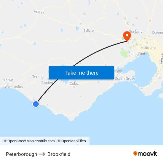 Peterborough to Brookfield map