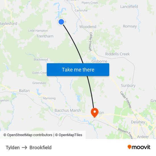 Tylden to Brookfield map