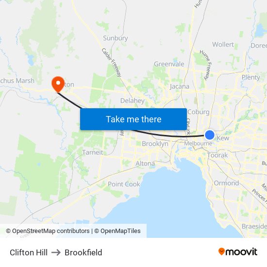 Clifton Hill to Brookfield map