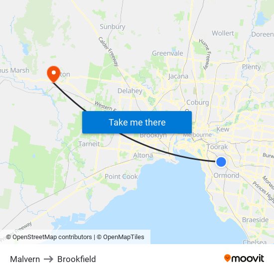 Malvern to Brookfield map