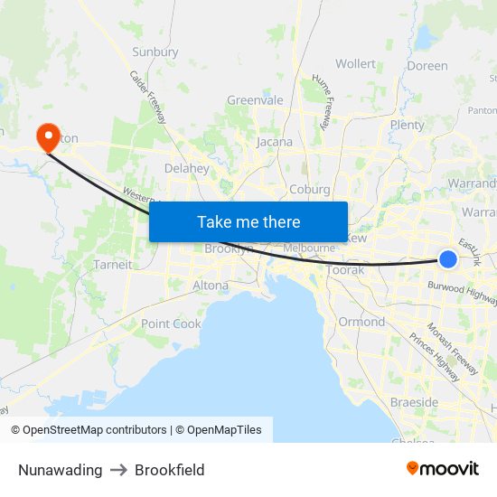 Nunawading to Brookfield map