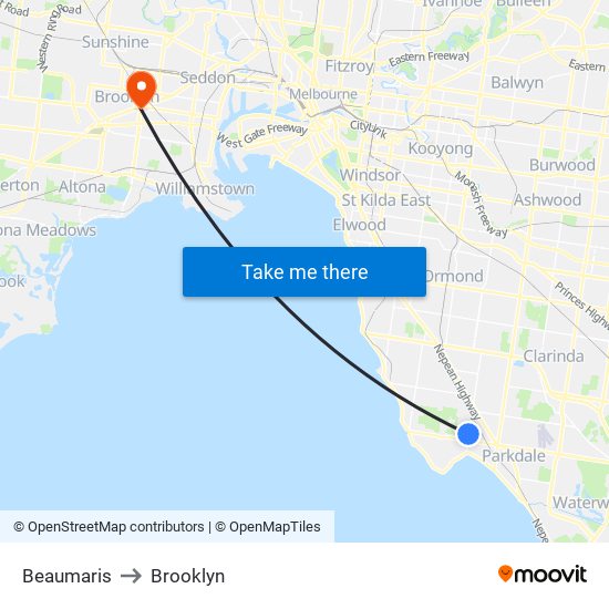 Beaumaris to Brooklyn map