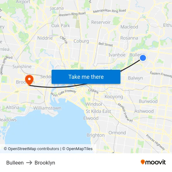 Bulleen to Brooklyn map