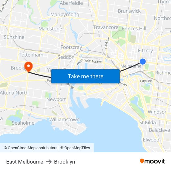 East Melbourne to Brooklyn map