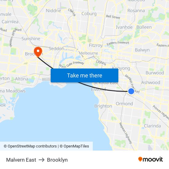 Malvern East to Brooklyn map