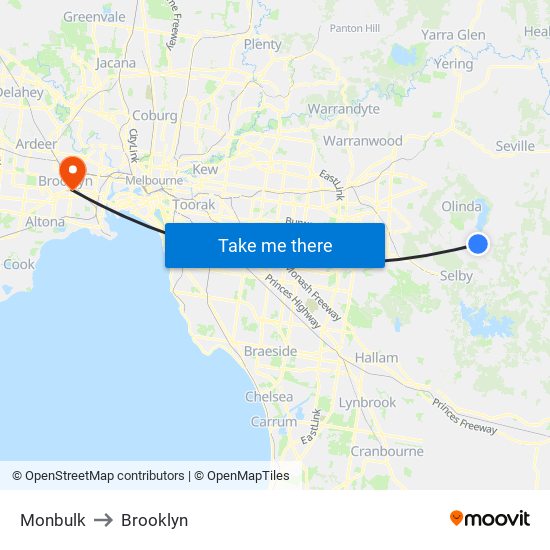 Monbulk to Brooklyn map