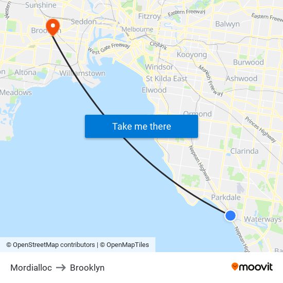 Mordialloc to Brooklyn map