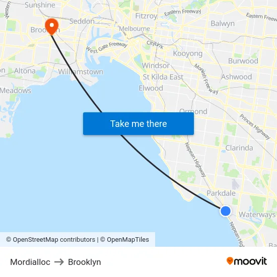 Mordialloc to Brooklyn map