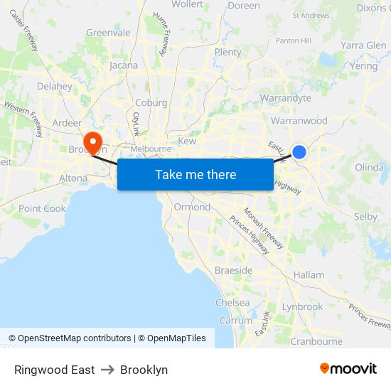 Ringwood East to Brooklyn map