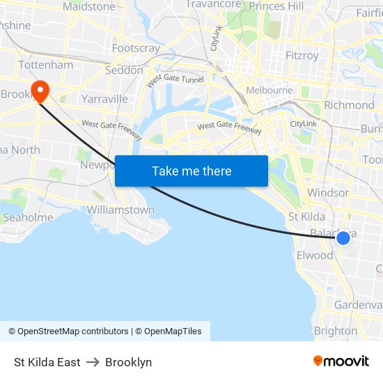 St Kilda East to Brooklyn map