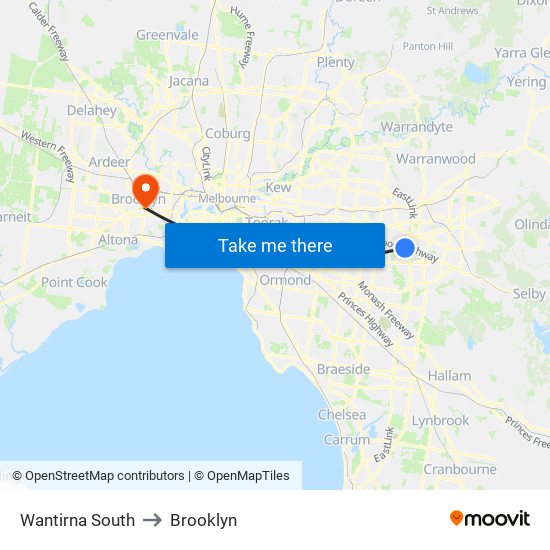 Wantirna South to Brooklyn map