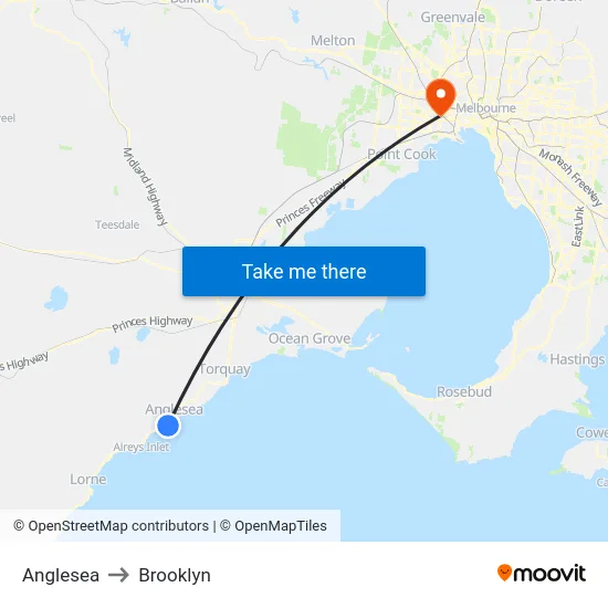 Anglesea to Brooklyn map