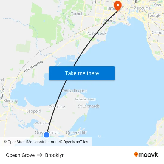 Ocean Grove to Brooklyn map