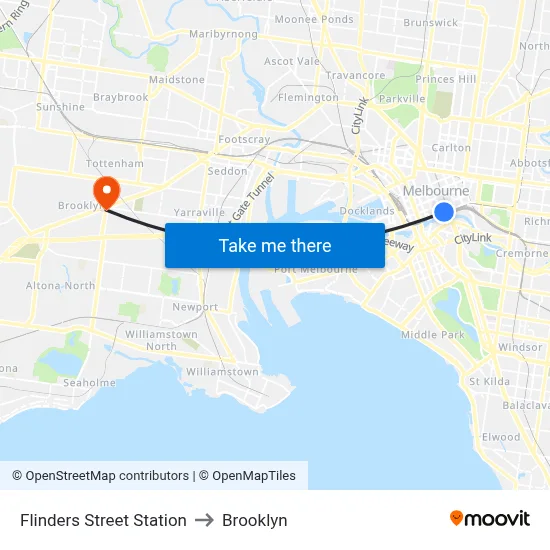 Flinders Street Station to Brooklyn map