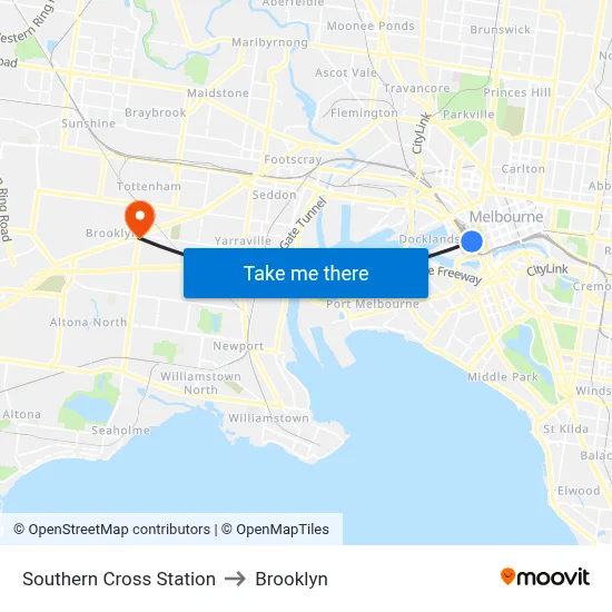 Southern Cross Station to Brooklyn map