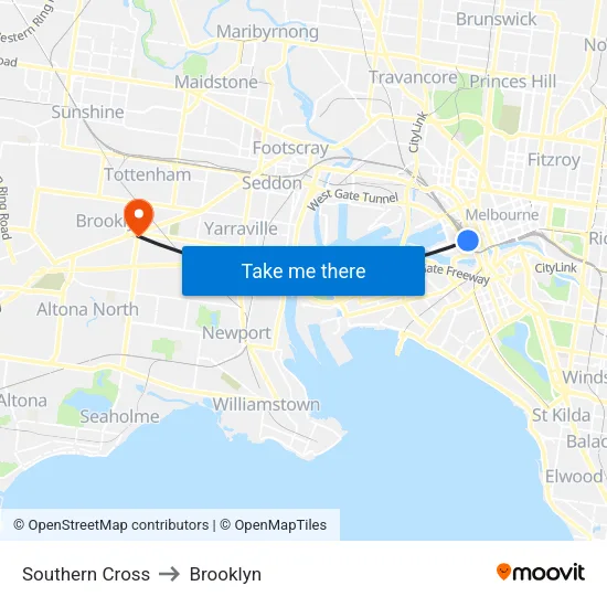 Southern Cross to Brooklyn map