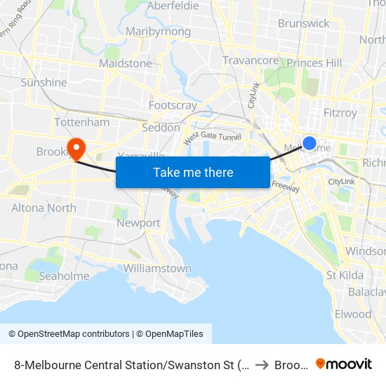 8-Melbourne Central Station/Swanston St (Melbourne City) to Brooklyn map