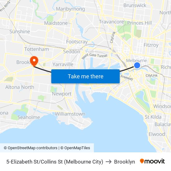 5-Elizabeth St/Collins St (Melbourne City) to Brooklyn map