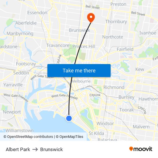 Albert Park to Brunswick map