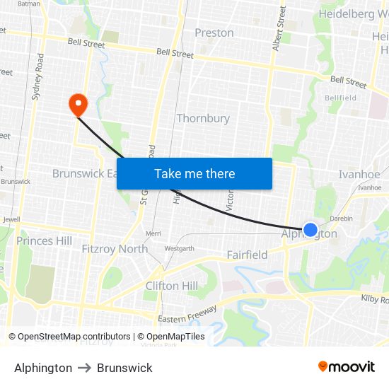 Alphington to Brunswick map