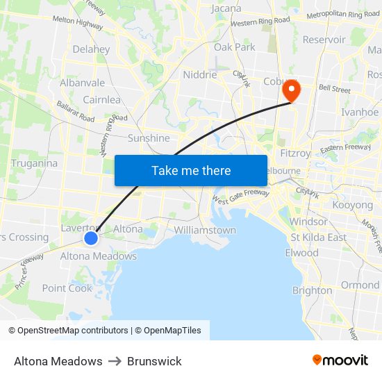 Altona Meadows to Brunswick map