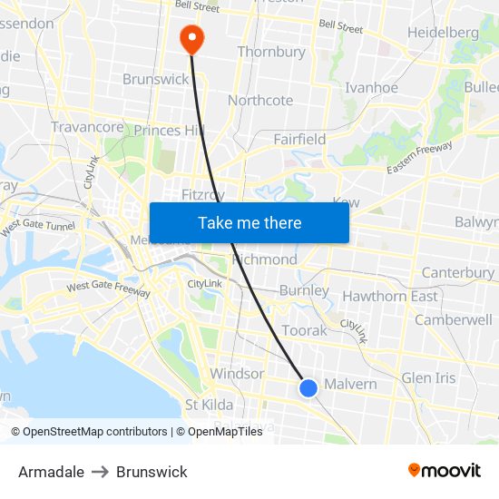 Armadale to Brunswick map