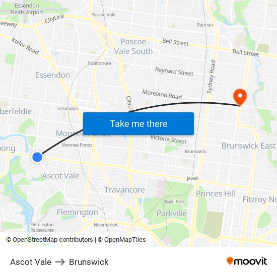 Ascot Vale to Brunswick map