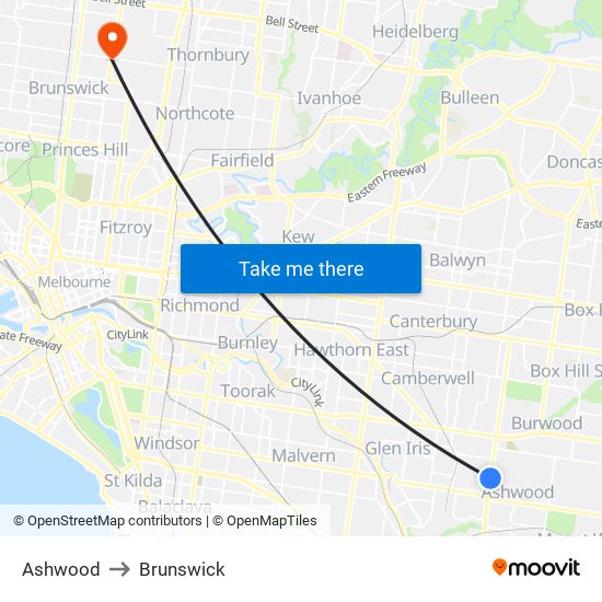 Ashwood to Brunswick map