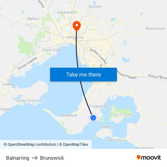 Balnarring to Brunswick map